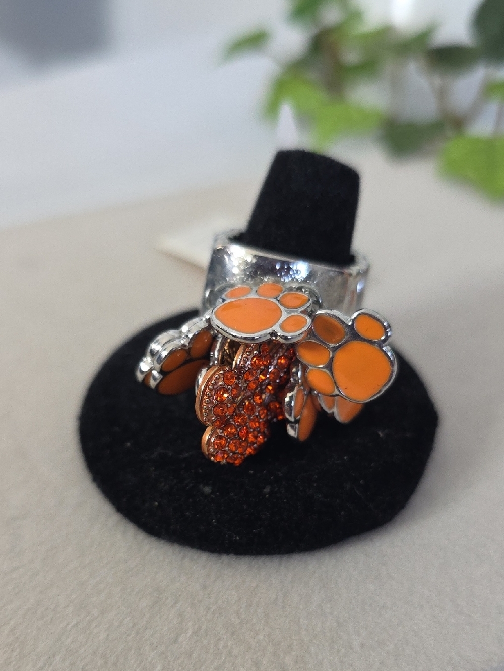 Silver Stretch To Fit Ring with Orange Paw Print Charms and Rhinestone